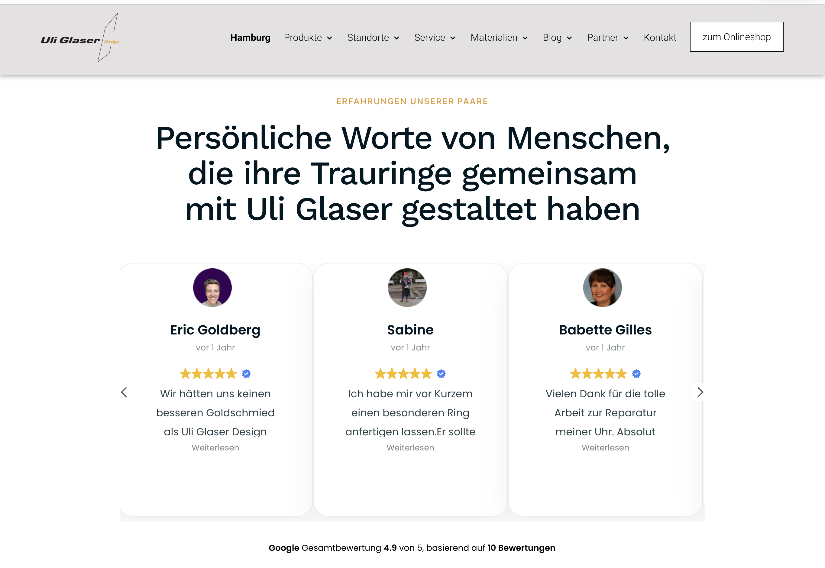Bewertungsbereich der Website von Uli Glaser Design